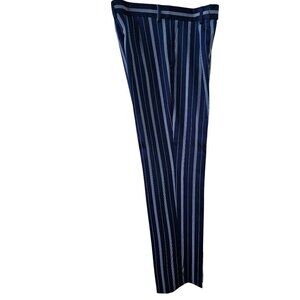 DenZel Satiny Blue Striped Trousers Womens 4 Pleated Front Slash Pockets NEW